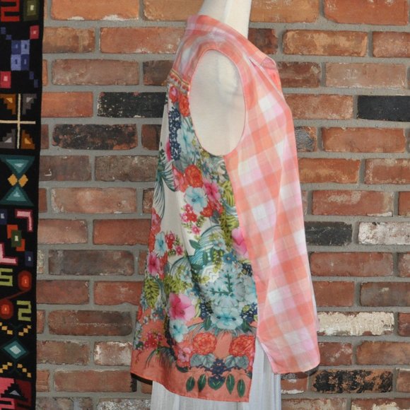 JOHNNY WAS 3J Workshop Sleeveless Blouse Silk Cotton Floral Sheer Plaid Tunic M - Picture 5 of 7